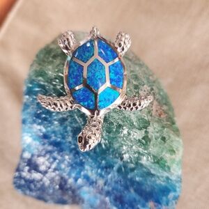 Sterling Silver and Blue OPAL  Sea Turtle Pendant